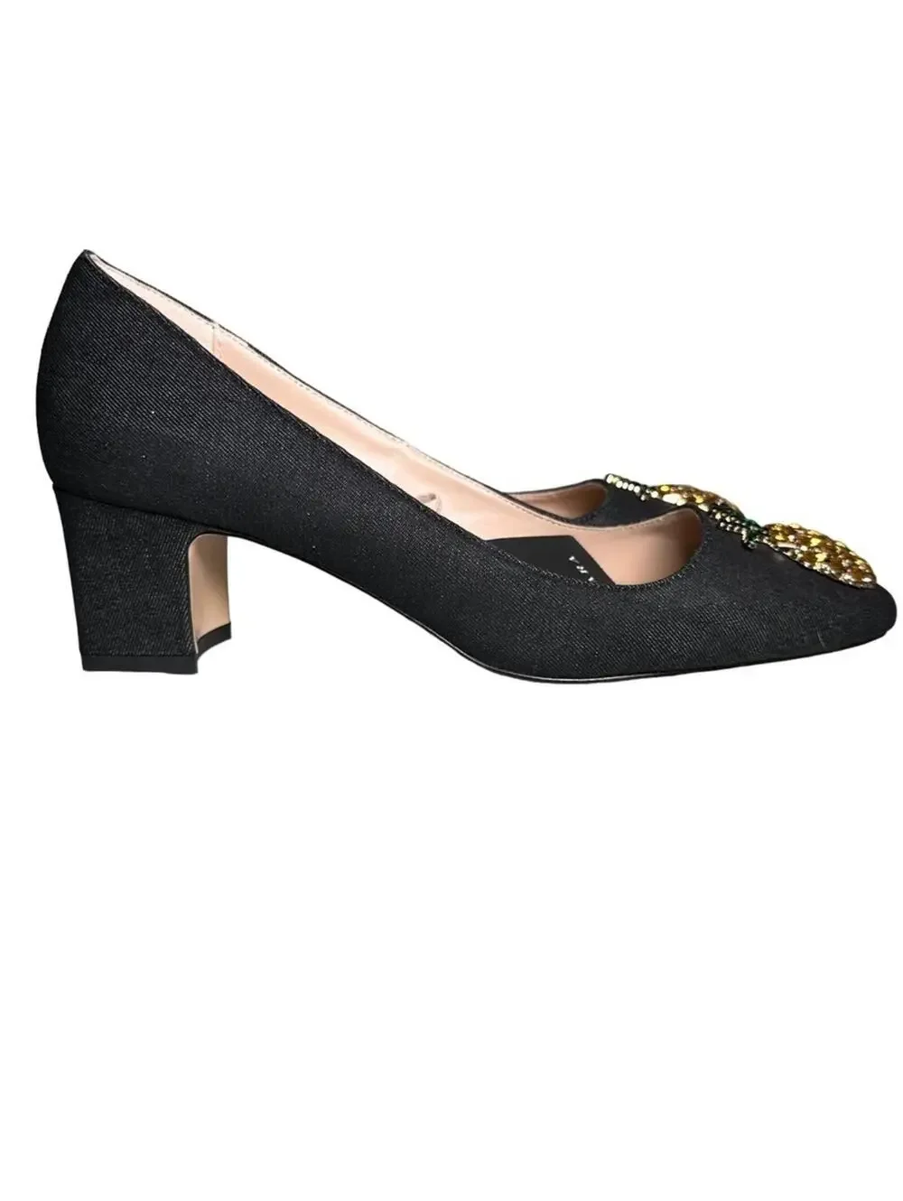 Zara Pineapple Embellished Denim Block Heel Pumps NWT Sz 38
